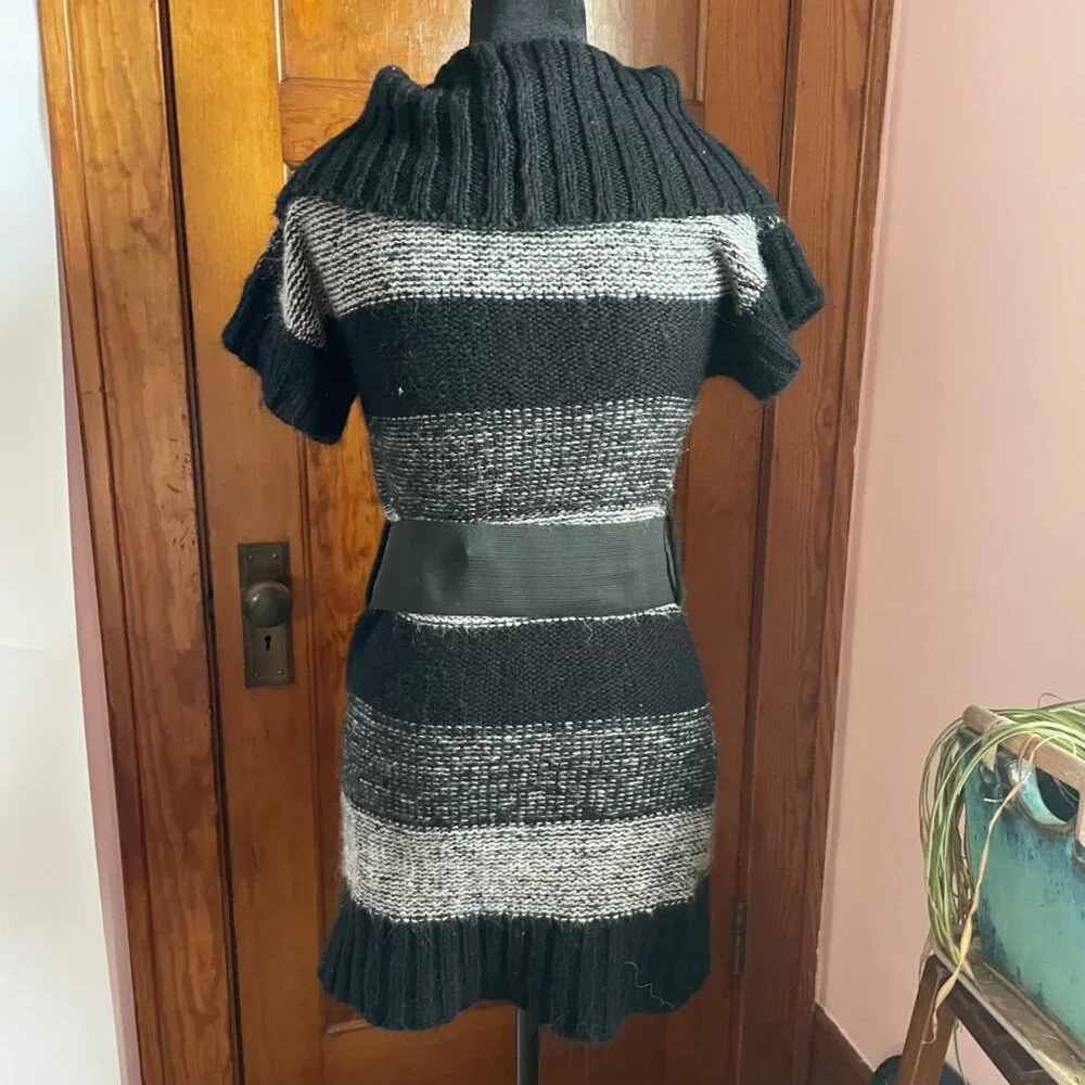 Vintage Y2K Say What Sweater Dress L Cowl Neck Belt Knit Striped Librarian Fall